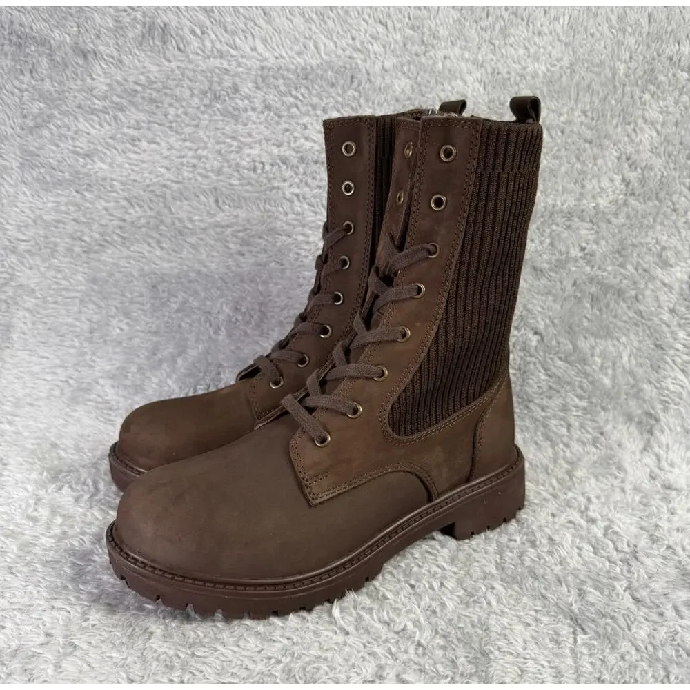 Bueno Stella Combat Boots Brown Suede Lace Up Booties Women's Size 7.5